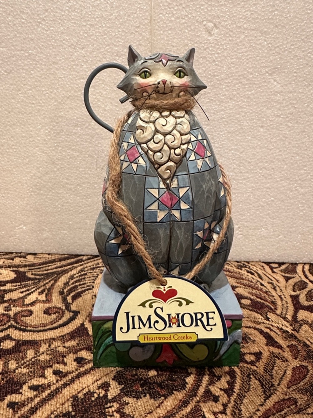 Jim Shore Blue & Cream Patchwork Cat Statue Figurine “Knightly”